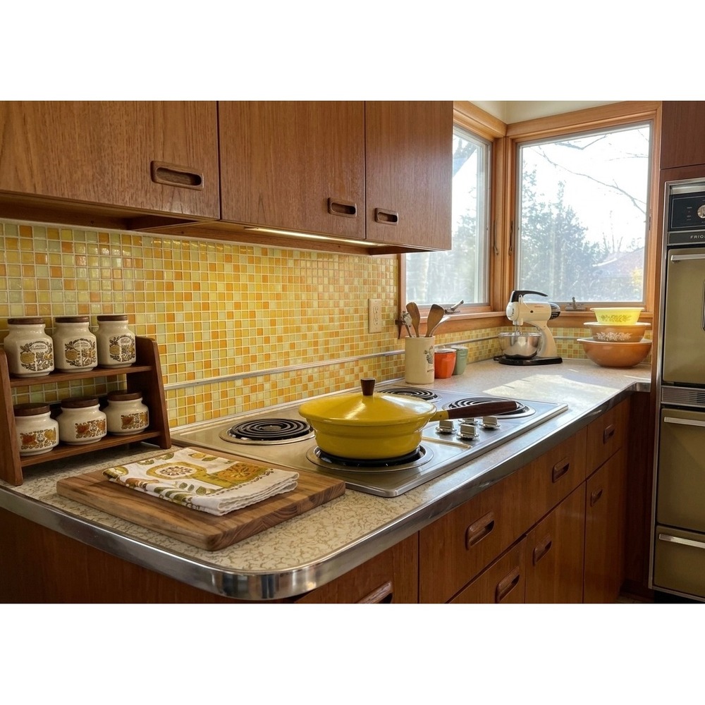Vintage MCM‎ Yellow Aluminum Skillet with Lid Wood Handle Retro 8 inch Pan